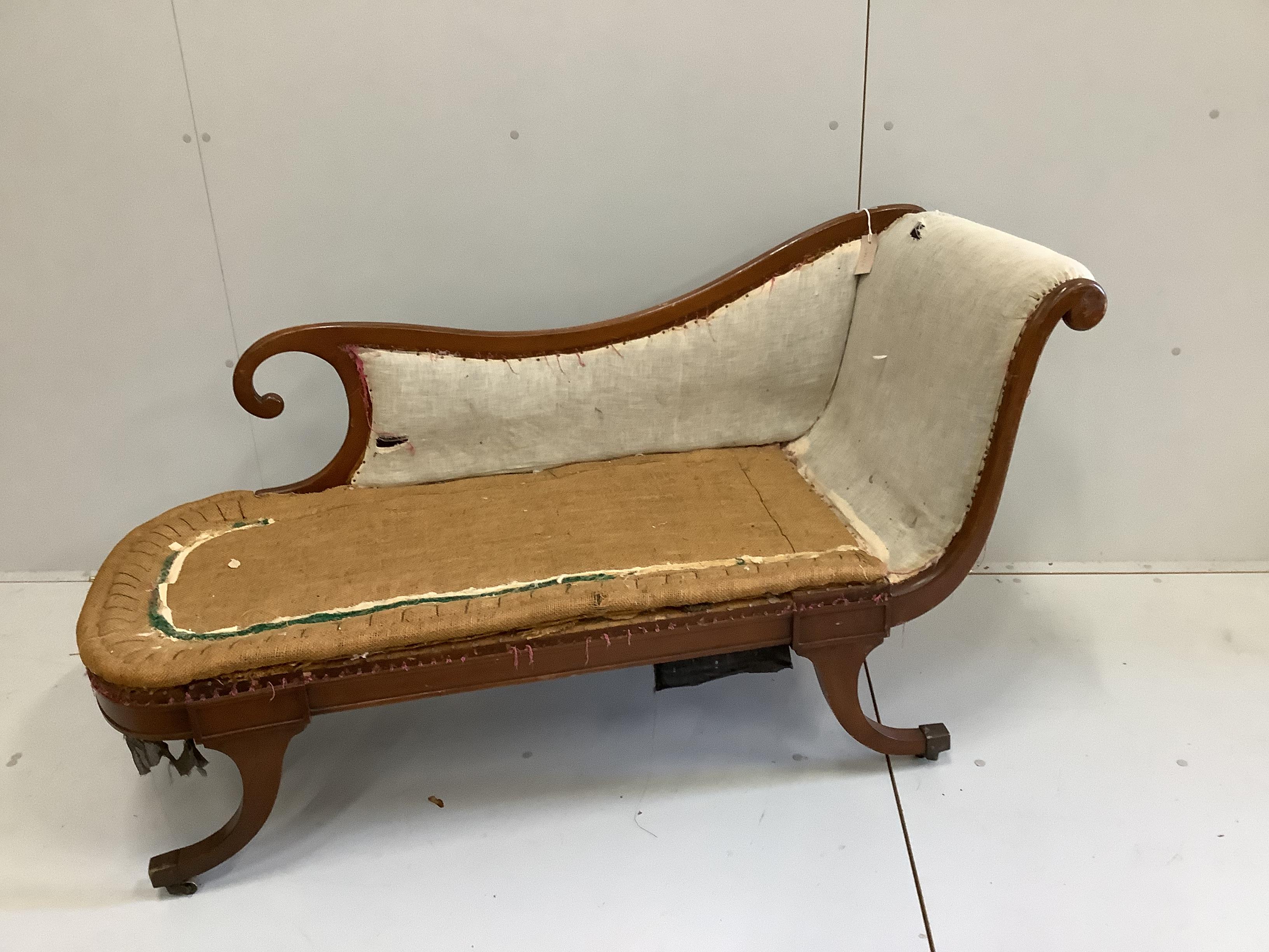 A Regency style mahogany chaise longue, length 150cm, depth 54cm, height 77cm, (needs re-upholstering)